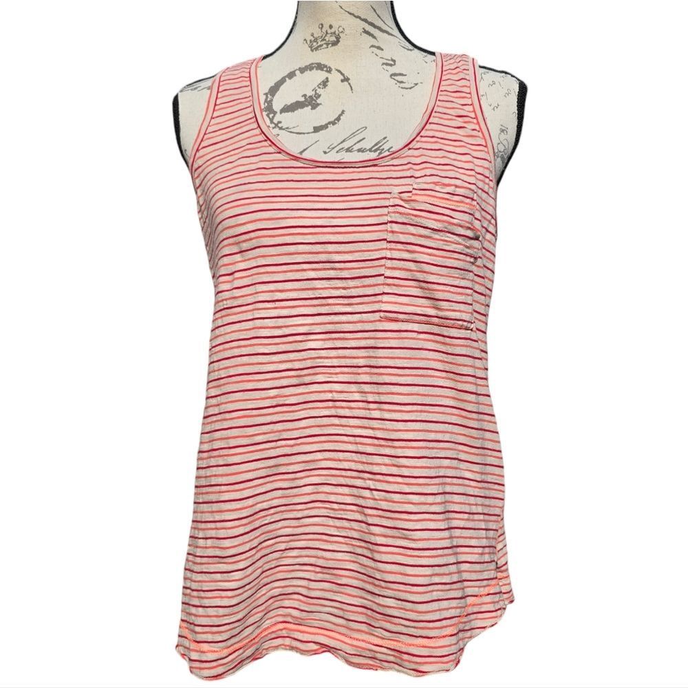 By‎ Anthropologie -1521 White Red Coral Stripes Tank Top Front Pocket Small